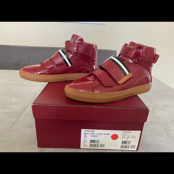 BALLY HERICK RED COLOR BLOCK PATENT LEATHER HI TOP VELCRO STRAPS LOGO SNEAKERS - Picture 4 of 8